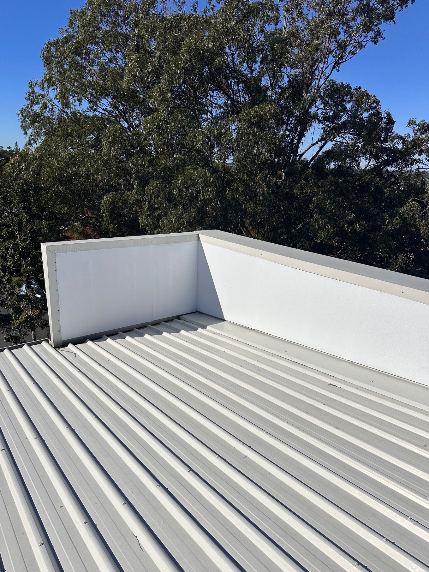 Completed light-coloured metal roof and parapet beside surrounding trees